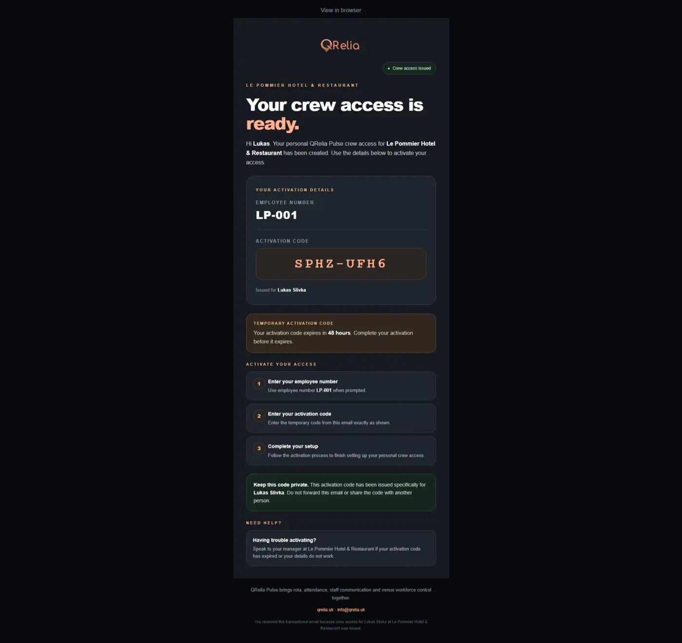 Original QRelia Pulse email / crew access ready