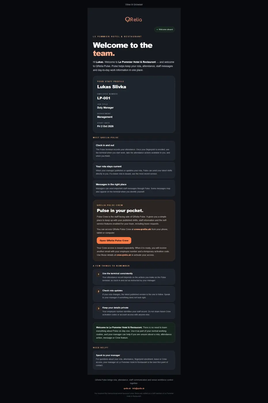 Original QRelia Pulse email / crew welcome