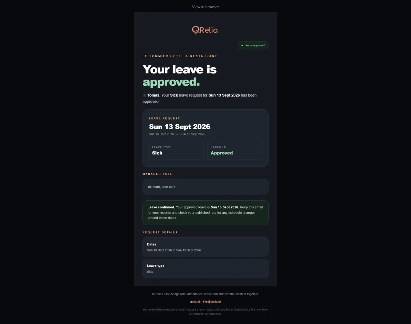 Original QRelia Pulse email / leave approved