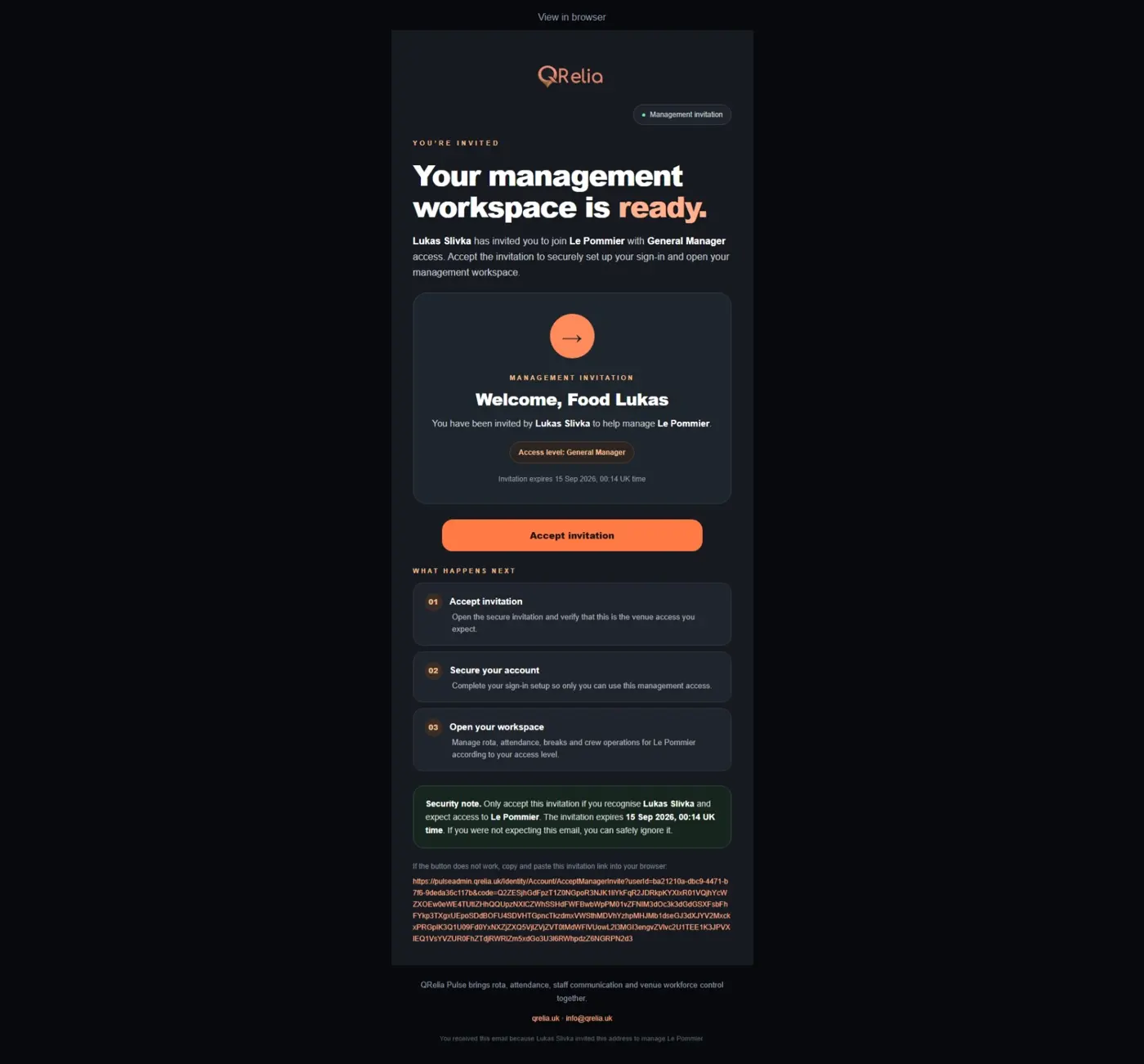 Original QRelia Pulse email / manager invitation