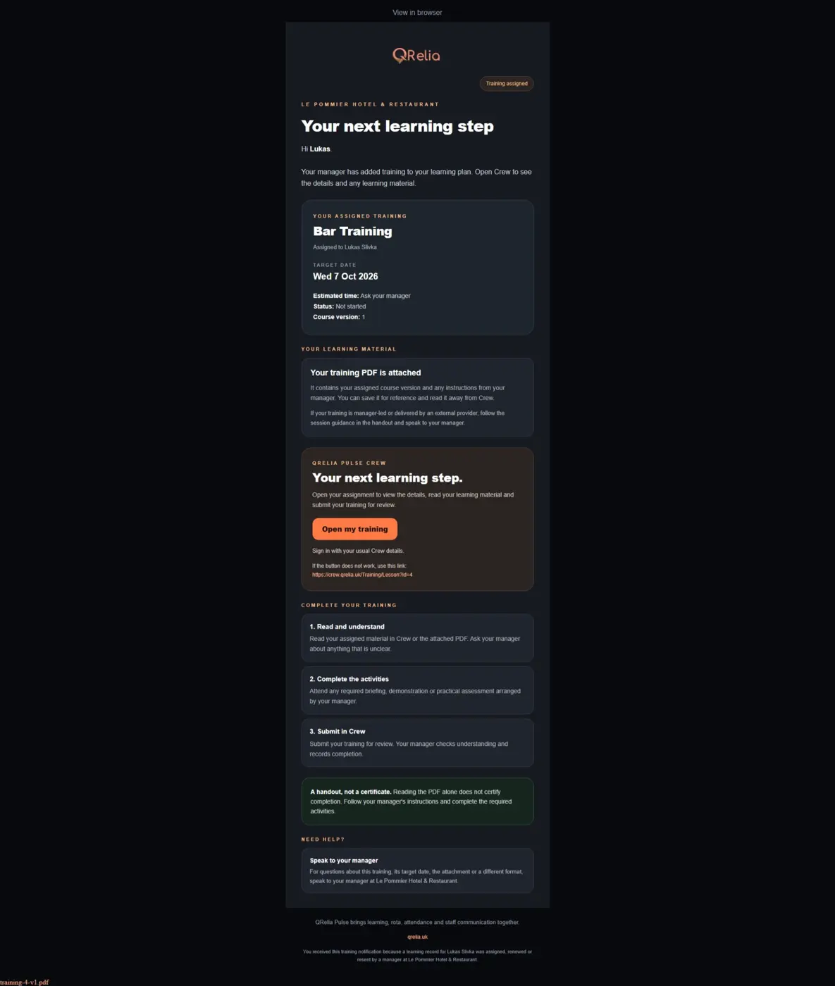 Original QRelia Pulse email / new training