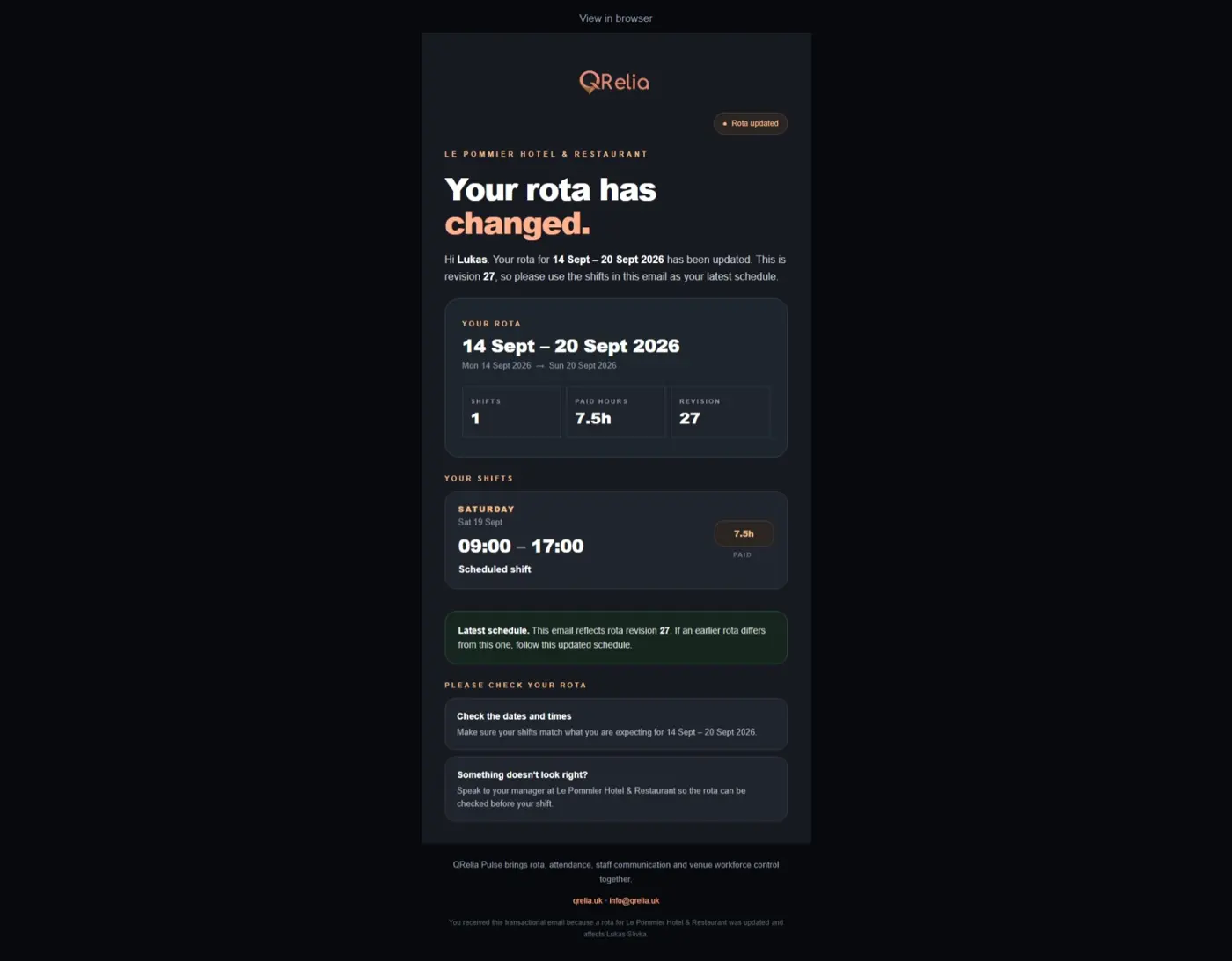 Original QRelia Pulse email / rota published updated